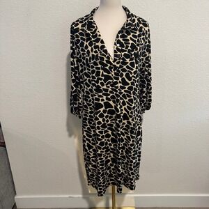 Womens Black Cream Animal Print Button Up Shirt Dress Midi Length